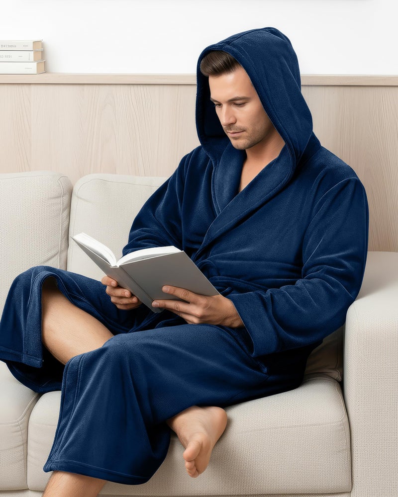 NY Threads Mens Robe with Hood, Luxury Plush Fleece Hooded Mens Bathrobe, Spa Bath Robe for Men, Small/Medium, Navy - Image 4